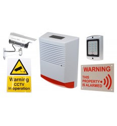 Large Solar Dummy Alarm Siren, Solar DC2 Solar CCTV Camera, Dummy Alarm Keypad & Security Signs.