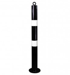 Black 76mm bolt down steel bollard with top chain eyelet & reflective white bands – heavy duty car park security post
