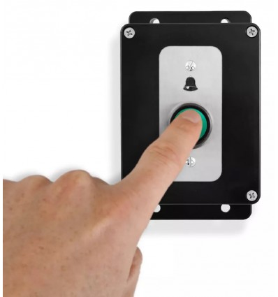Black H/D Push Button with a Protect-800 Battery Powered Wireless Transmitter within a Weatherproof Box
