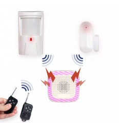 Wireless flat alarm – 1 PIR with 1 door/window sensor, 1 internal siren & 2 remotes (HY)