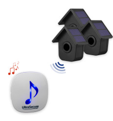 600m wireless garden & driveway alarm kit – 2 birdbox PIR sensors with dual solar panels, 35-melody chime receiver (DA600+)