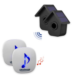 600m wireless garden & driveway alarm kit – 2 birdbox PIR sensors with dual solar panels, 35-melody chime receiver (DA600+)