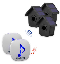 600m wireless garden & driveway alarm kit – 2 birdbox PIR sensors with dual solar panels, 2 35-melody chime receivers (DA600+)