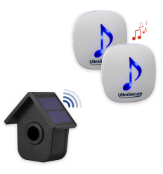 600m wireless garden & driveway alarm kit – 2 birdbox PIR sensors with dual solar panels, 2 35-melody chime receivers (DA600+)