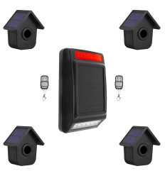 Long range wireless outdoor alarm (600m) – 4 dual solar birdbox PIR sensors with solar powered siren (DA600+)