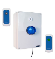Wireless lockdown control box with blue strobe, multi-tone siren, portable trigger & stop button