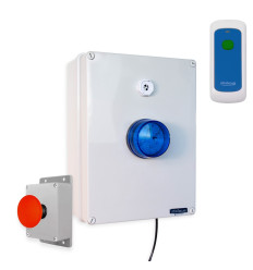Wireless lockdown control box with blue strobe, multi-tone siren, fixed trigger & portable stop button
