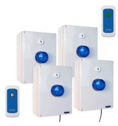Wireless lockdown control boxes with blue strobes, multi-tone sirens, fixed trigger & portable stop button