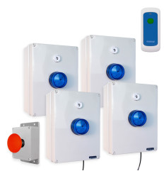 Wireless lockdown control boxes with blue strobes, multi-tone sirens, trigger & portable stop button