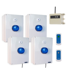 Wireless lockdown control boxes with blue strobes, multi-tone sirens, signal repeater, portable trigger & stop buttons