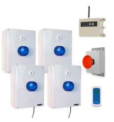 Wireless lockdown control boxes with blue strobes, multi-tone sirens, signal repeater, fixed trigger & portable stop button