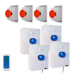 Wireless lockdown control boxes with blue strobes, multi-tone sirens, portable stop button & x4 fixed trigger buttons