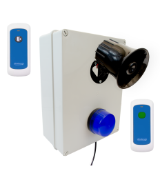 Wireless lockdown control box with blue strobe, loud 118dB siren, portable trigger & stop button