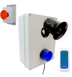 Wireless lockdown control box with blue strobe, loud 118dB siren, fixed trigger & portable stop button