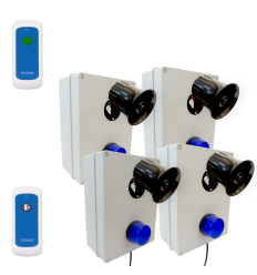 Wireless lockdown control boxes with blue strobes, loud 118dB sirens, fixed trigger & portable stop button