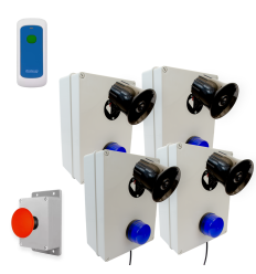 Wireless lockdown control boxes with blue strobes, loud 118dB sirens, trigger & portable stop button
