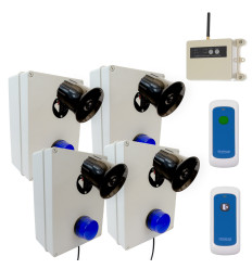Wireless lockdown control boxes with blue strobes, loud 118dB  sirens, signal repeater, portable trigger & stop buttons