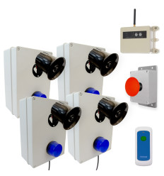 Wireless lockdown control boxes with blue strobes, loud 118dB sirens, signal repeater, fixed trigger & portable stop button