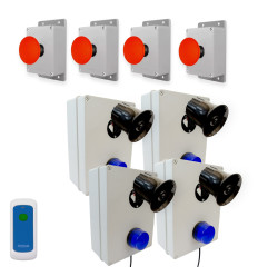 Wireless lockdown control boxes with blue strobes, loud 118dB  sirens, portable stop button & x4 fixed trigger buttons