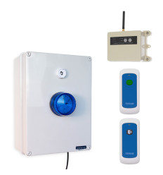 Wireless lockdown control box with blue strobe, multi-tone siren, signal repeater, portable trigger & stop button