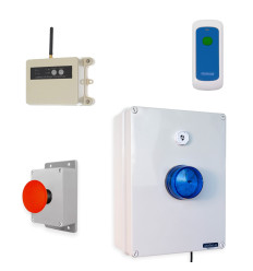 Wireless lockdown control box with blue strobe, multi-tone siren, signal repeater, fixed trigger & portable stop button