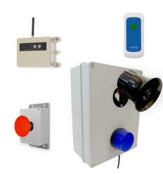 Wireless lockdown control box with blue strobe, loud 118dB siren, signal repeater, fixed trigger & portable stop button